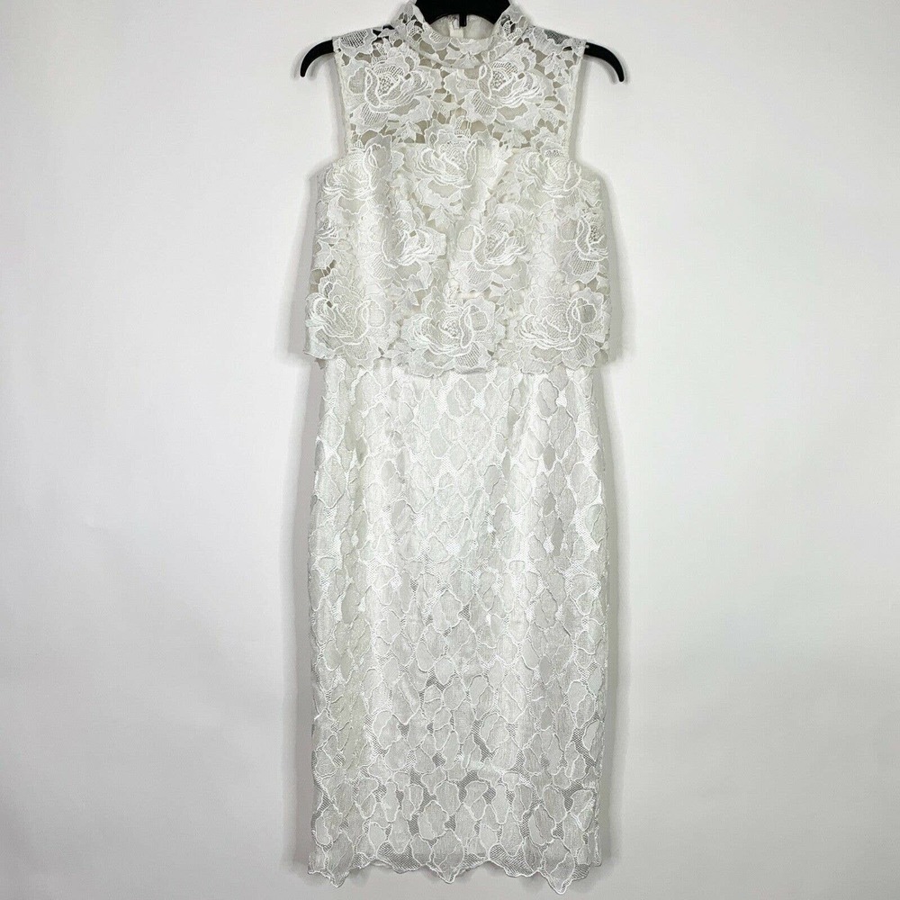 Monique Lhuillier Dress 4 Wht Lace Cocktail High Neck Structured 444209 NWT $598 - Picture 2 of 12